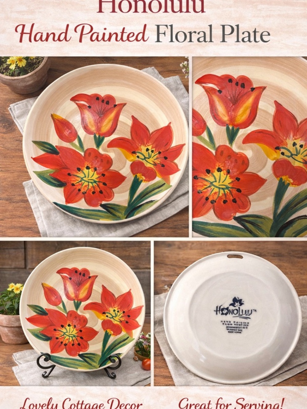 Hand Painted Floral Plate Red Lily Cottage Farmhouse Decor Serving Dish Honolulu